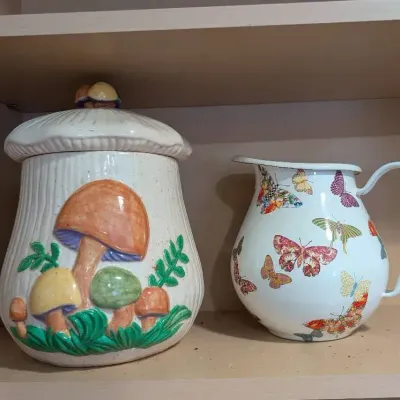 McKenzie Childs Butterfly Garden Pitcher, Mushroom Cookie Jar. Contents Only