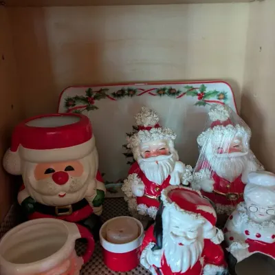 Vintage Christmas Collection, Platter, Vase, Cup, Candle Holder. Contents Only 