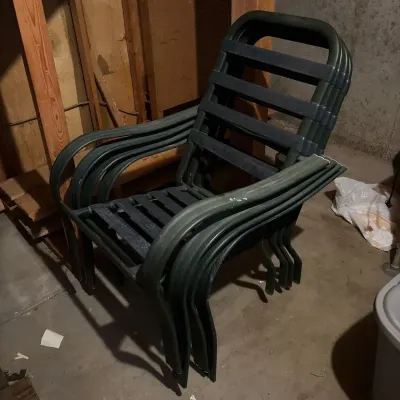Four Green Metal & Vinyl Strap Outdoor Patio Chairs & Cushions
