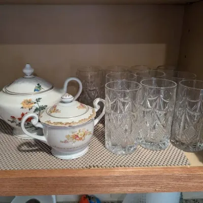 Sone China Sugar Bowl, Castleton China Tea Pot w/Lid, Vintage Crystal Tumblers. Contents Only