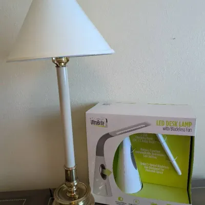 New In Box UltraBrite LED Desk Lamp w/ Bladeless Fan, Vintage Brass & White Candlestick Table Lamp