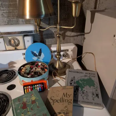 Vintage Solid Brass Lamp, Vintage Books, Tin Full Of Buttons & Treasures, Abacus