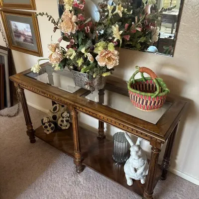 Two Tier Wooden Console Table, Hanging Mirror & Decor