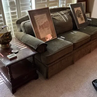 Flexsteel Sage Green Three Cushion Sofa, Willett Side Table & Brass Helmet-Form Coal Scuttle