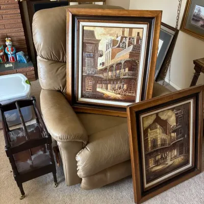 La-Z-Boy Rocker Recliner, Wooden Magazine Holder & New Orleans Paintings
