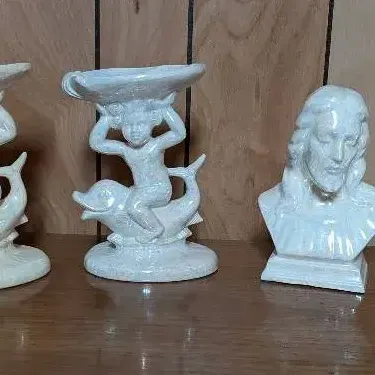 Iridescent Figurines, Whimsical Cherub Riding A Dolphin, Jesus And Virgin Mary Bust