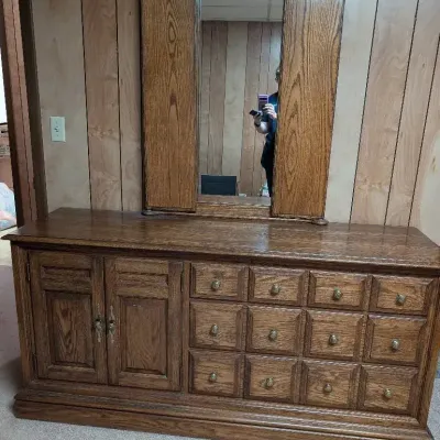 Vintage Solid Oak Double Dresser & Matching Mirror 