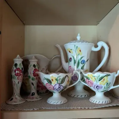 Vintage Blue Ridge Tea Set, Cream & Sugar, Tea Pot, Water Pitcher, Salt & Pepper. Contents Only.