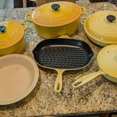 Le Creuset Bright Yellow Dutch Ovens, Pie Dish, Grillpan, Sauce Pan