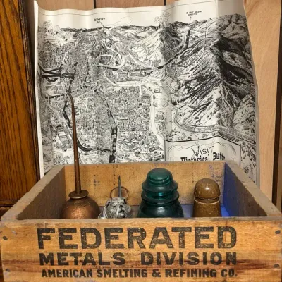 Butte, Montana Themed Decor - Insulators, Oil Cans, Map, Wooden Crate