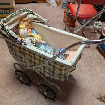 Vintage Green Plaid Doll Pram, Vintage Dolls/Clothes,  1950's Rubber Face Plush Monkey