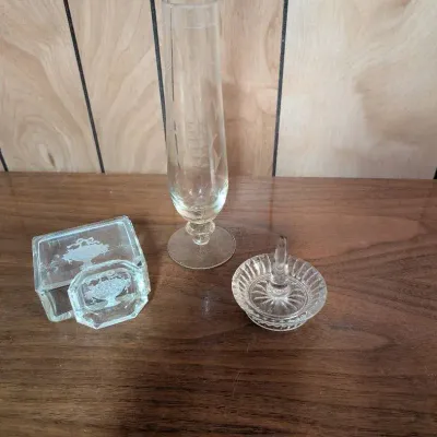 Crystal Cut Ring & Trinket Holder, Footed Clear Glass Bud Vase,  Vintage Intaglio Trinket Box w/lid 
