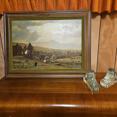 Pastoral Oil Painting & Glass Horse Bookends