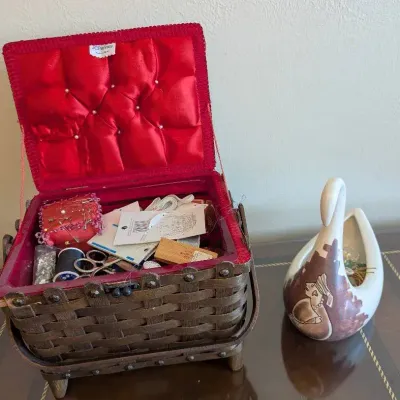 Vintage Made In Mexico Ceramic Swan Planter, Vintage JCPenney Woven Wood Sewing Basket
