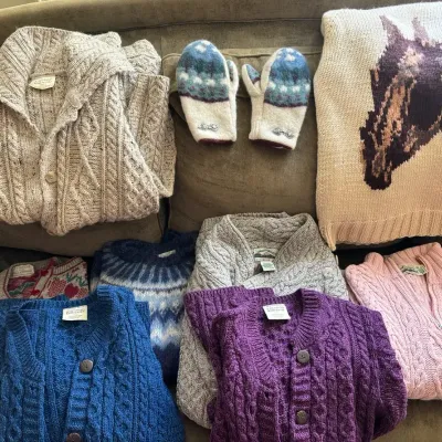 8 Women’s Wool Sweaters L/XL, Made In Scotland/Ireland, & Pair Of Mittens
