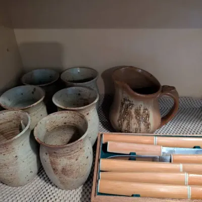 Pottery Coffee Cups & Water Pitcher, Japanese Utility Knives In Case. Contents Only 