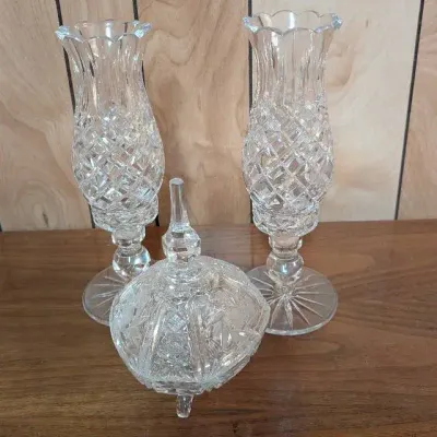 Vintage Lead Crystal Candle Holders, 3 Footed Pressed Crystal Candy Dish 