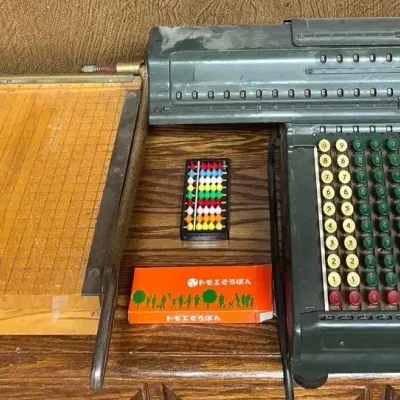 Vintage Marchant Rotary Calculator, Ingento Paper Cutter, Abacus Made In Japan