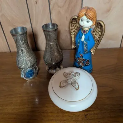 Vintage Silver Horseshoe Belt Buckle, Ceramic Trinket Box, Paper Mache Angel, Brass Vase (2)