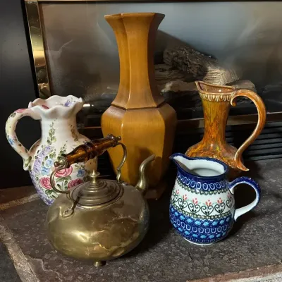 Vases, Pitchers, & Brass Tea Pot 