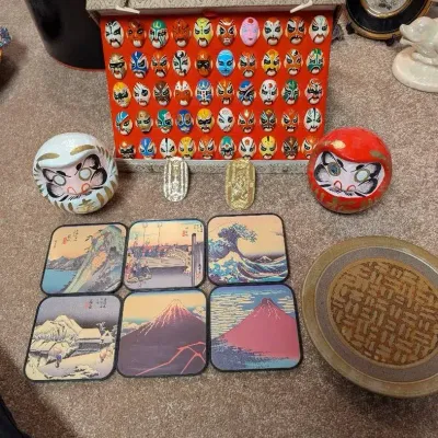 Mini Japanese Masks, Daruma Dolls, Coasters, Trivet 
