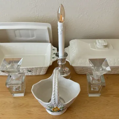 Belleek Ireland Casserole Dishes w/ Lids & Ceramic Basket, 2 Glass Jars, Candle w/ Timer