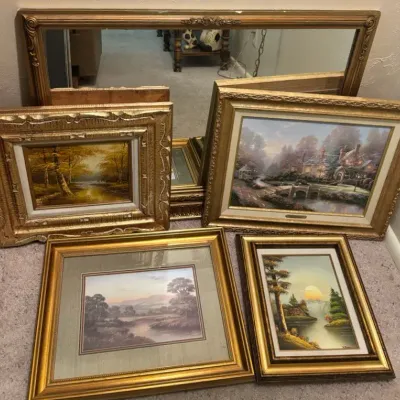 Gold Framed Mirror & 4 Pieces Of Art - 2 Original Oil Paintings, 2 Prints