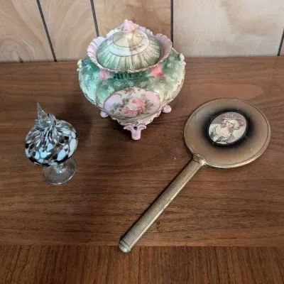 Vintage Hand Held Vanity Mirror, Ornate Porcelain Jar W/ Lid (Lid Broken) Hand Blown Perfume Bottle