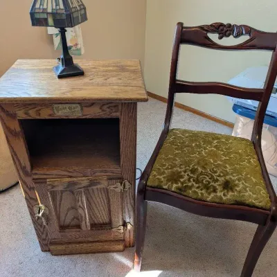 Vintage White Clad Oak Ice Box Style Cabinet, Vintage Radock Mahogany Side Chair,  Lamp