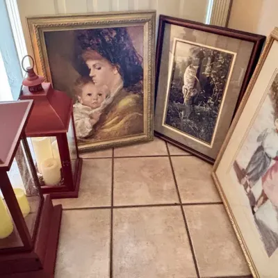 2 Red Lanterns, 3 Large Framed Pieces Of Artwork