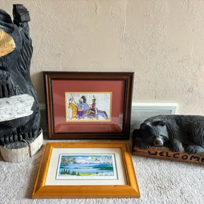 2 Carved Wood Black Bears, Framed Native American Ledger Art & Flathead Lake Montana Prints