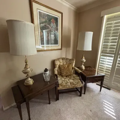 Lynn Gertenbach Painting, Velvet Upholstered Wingback Armchair, Heritage Side Tables & Stiffel Lamps