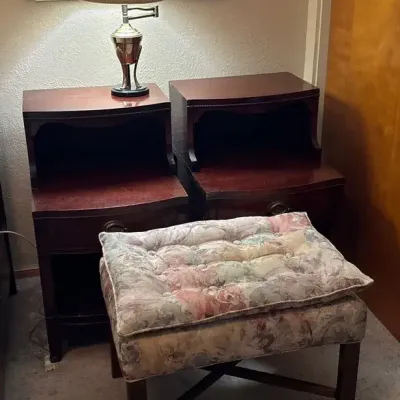 Traditional Mahogany Tiered Drexel Nightstands, Brass Swing Arm Lamp & Upholstered Wooden Footstool