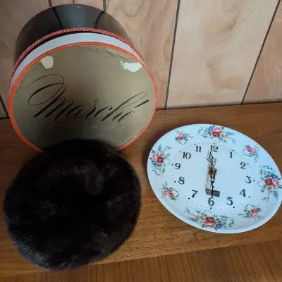 Vintage Dark Brown Mink Fur Pill Box Hat W/ Hat Box, Vintage Porcelain Wall Clock W/ Bulova Quartz 