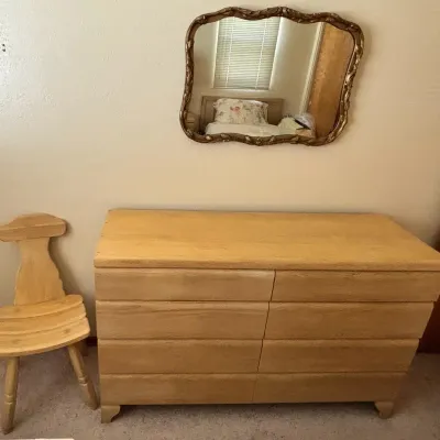 8 Drawer Blonde Wood Dresser, Matching Chair & Mirror w/ Ornate Gold Frame
