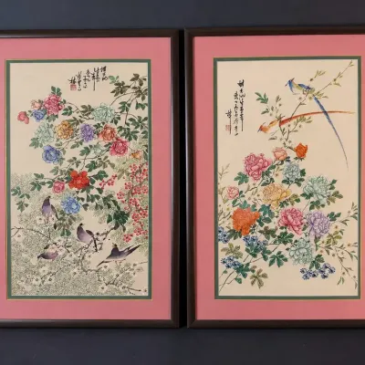 Pair of Framed Asian Floral & Bird Prints