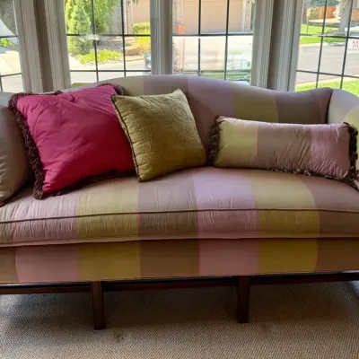 Pastel Striped Upholstered Sofa with Rolled Arms & Accent Pillows