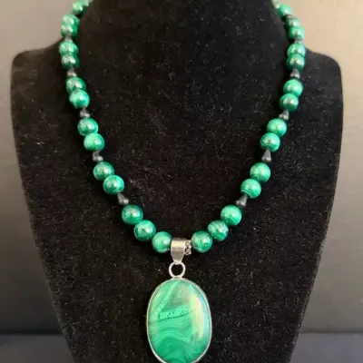 Malachite & Onyx Beaded Necklace with 925 Sterling Silver Pendant