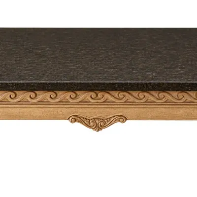 Ornate Carved Wood Coffee Table with Dark Stone Top & Decorative Tray