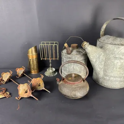 Antique Primitive Metalware Lot: Galvanized Watering Can, Cast Iron Kettle, Ice Skates