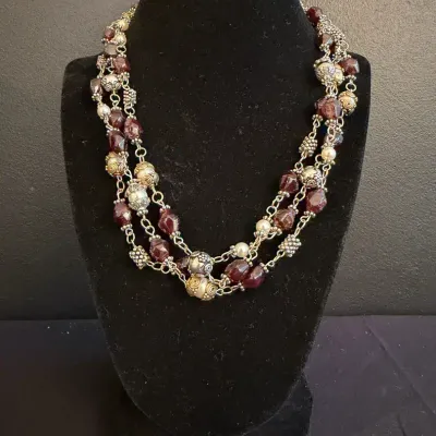 Triple-Strand Garnet & Faux Pearl Necklace with Sterling Silver Garnet Clasp