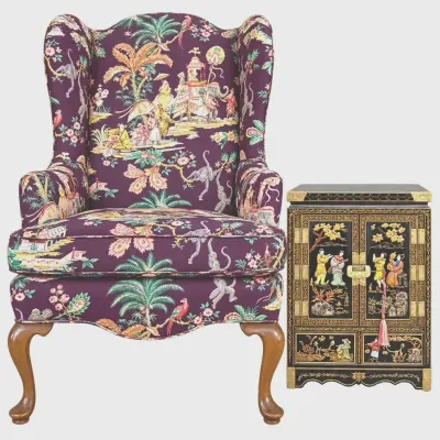 Vintage Chinoiserie Wingback Chair & Black Lacquer Asian-Style Cabinet 