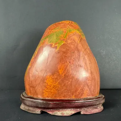 Polished Natural Stone Specimen Jasper Display on Carved Wood Stand Approx. 7"