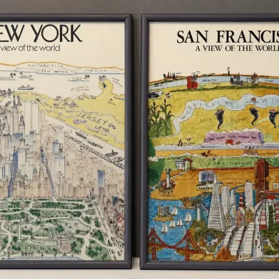 New York & San Francisco “A View of the World” Framed Illustrated Map
