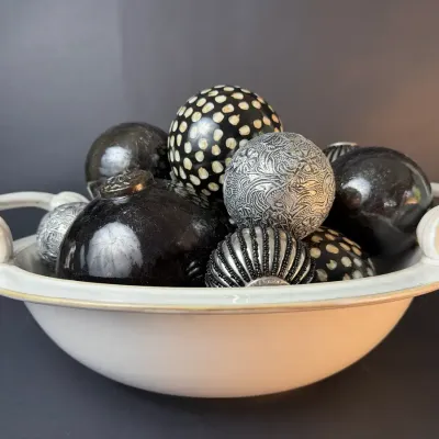 Decorative Black Silver & Gold Ornament Collection with White Ceramic Display Bowl