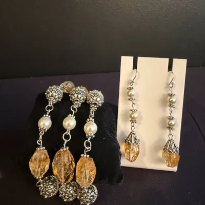 Triple-Strand Faceted Citrine & Simulated Pearl Bracelet with Matching Earrings
