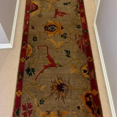 Tufenkian Tibetan Hand-Knotted Wool Runner Rug with Floral Design & Fringe