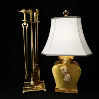 Vintage Brass Fireplace Tool Set with Bird Handles & Coordinating Brass Table Lamp