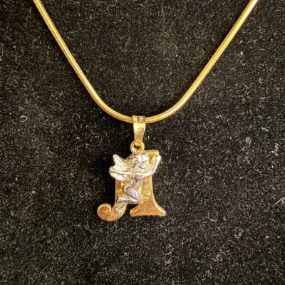 14K Yellow Gold Angel Initial Pendant Necklace - 5.63g 