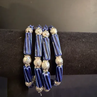 Sterling Silver Lapis Cabochon & Blue Glass Multi-Strand Bracelet